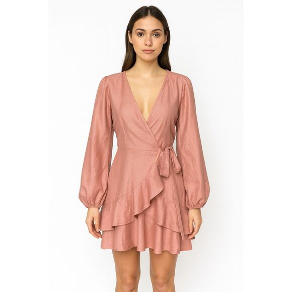 SHEIN Dresses & Skirts - SHEIN Solid Pink Ruffle Wrap Dress Long Balloon Sleeves V-Neck Layers Size XL